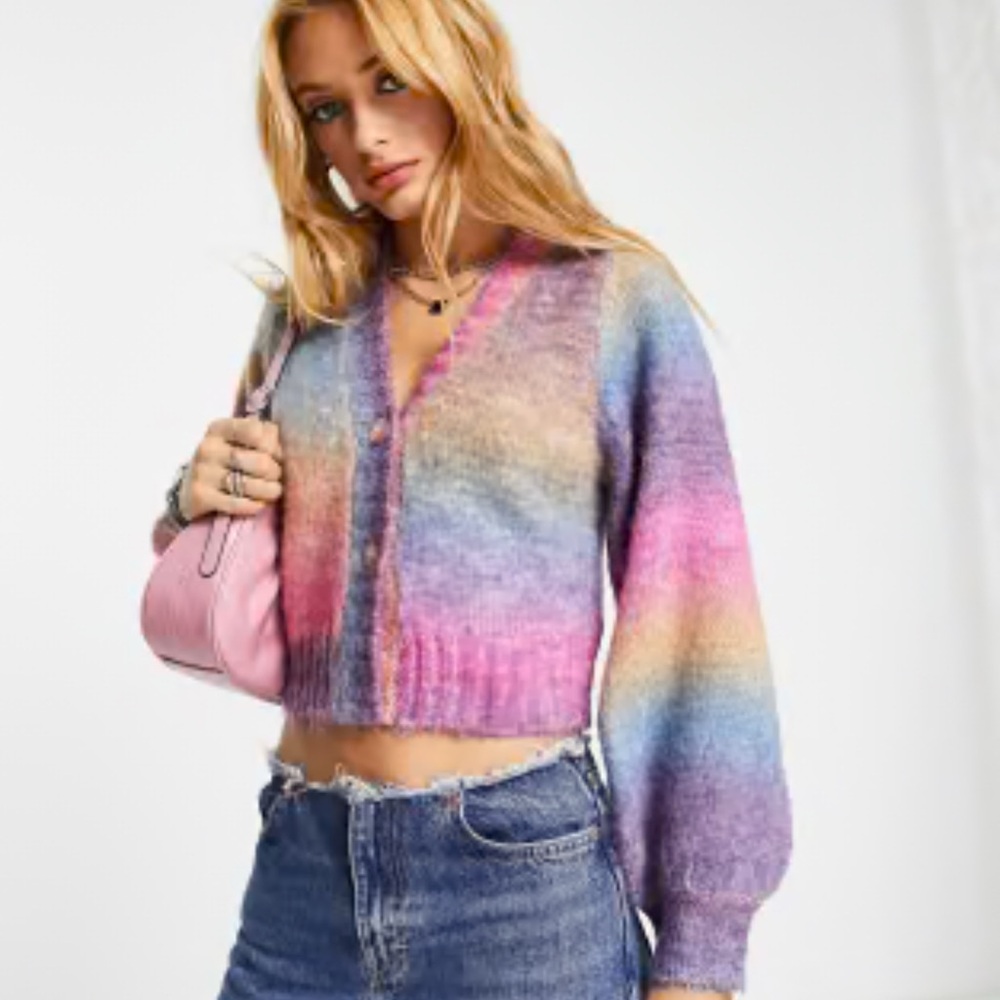 Reclaimed Vintage Purple and Pink Cropped Cardigan Sweater. SIZE S - Picture 1 of 6